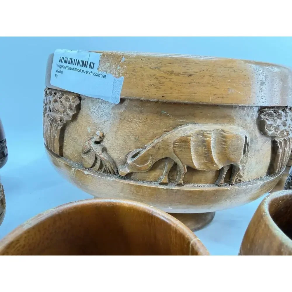 Vintage Hand Carved Wood Punch Bowl Set 6 Goblets Tiki Village 3 lb